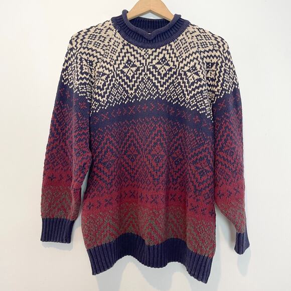 Vintage Y2K Van Heusen Cotton Roll Neck Fisherman Grandpa Fair Isle Sweater XL - Picture 1 of 6